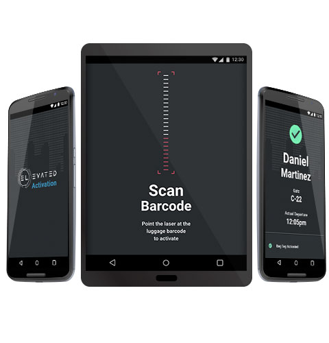 Three android devices with the three main screens: app launch screen, scan barcode screen and passenger recognition and tag activation screen